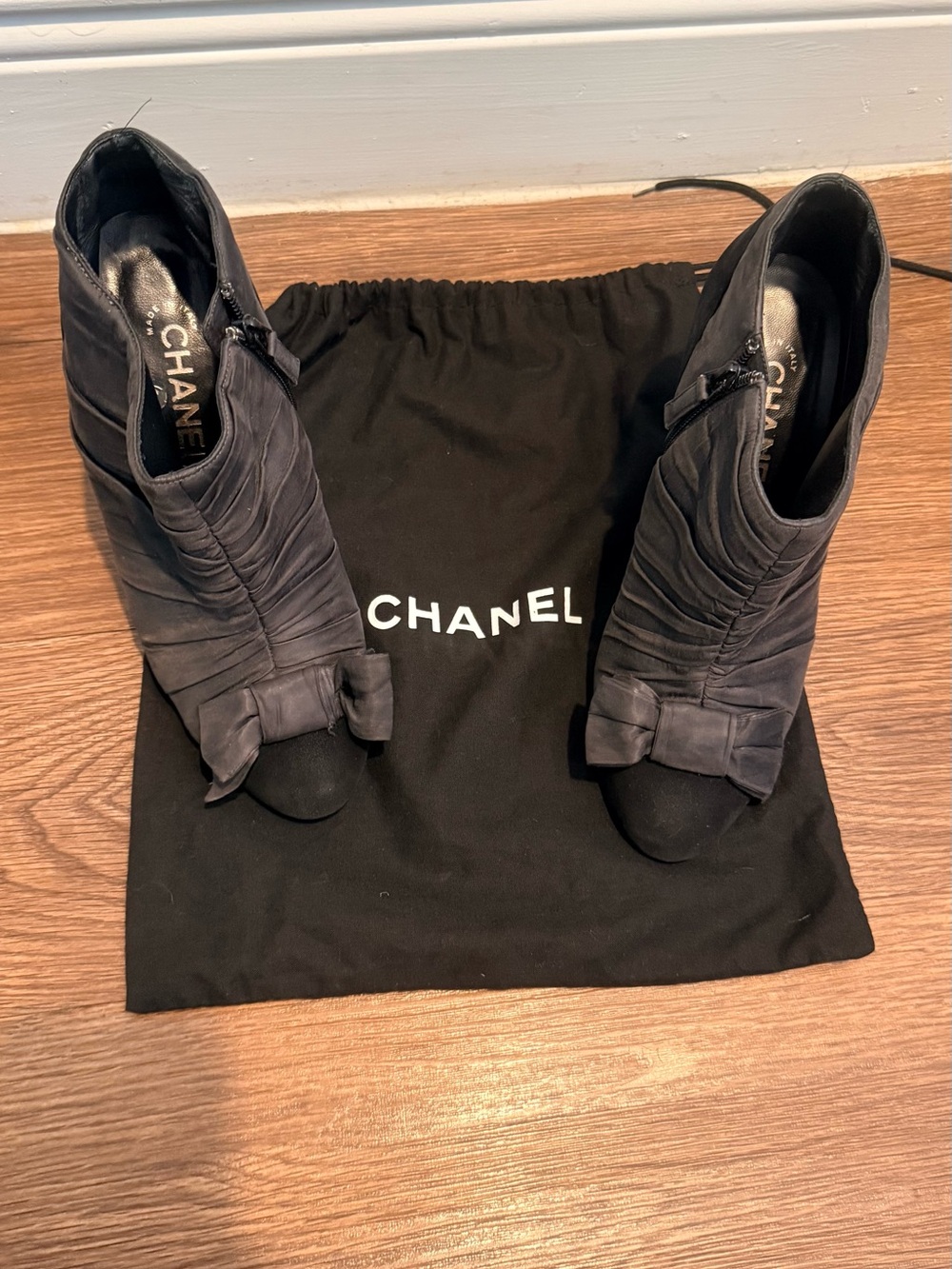 CHANEL Black Ruched Bow Ankle Booties